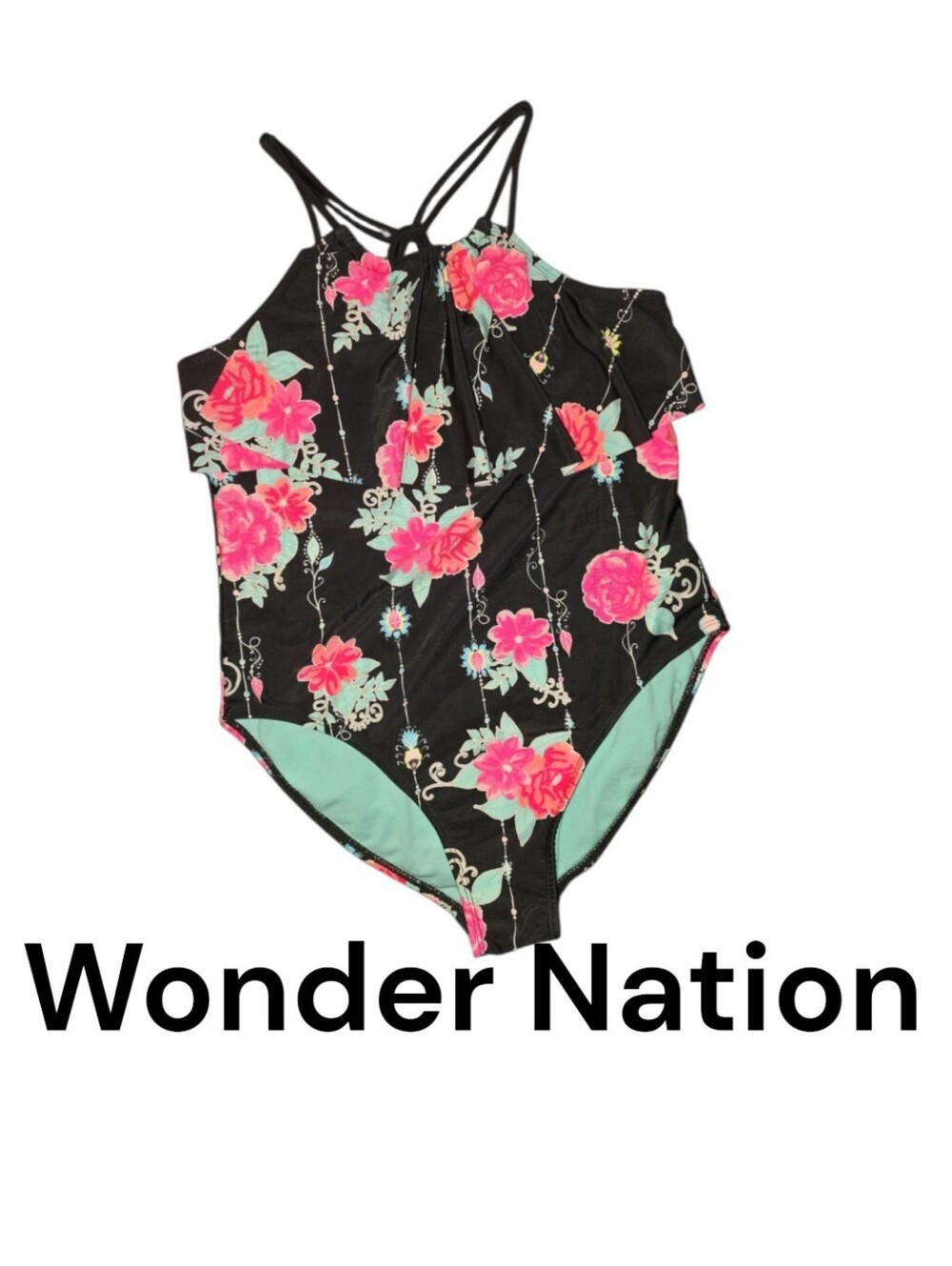 Wonder Nation Black One-Piece Swimsuit with Pink Floral Print